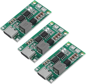 CN3303 4A 3S Type C 11.1V Step-Up Boost LiPo Polymer Li-ion Charger 12.6Vdc 18650 Lithium Battery - three identical green circuit boards with USB-C ports, inductors, and labeled battery and ground connection terminals.