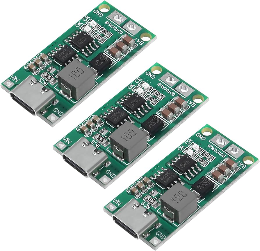 CN3303 4A 3S Type C 11.1V Step-Up Boost LiPo Polymer Li-ion Charger 12.6Vdc 18650 Lithium Battery - three identical green circuit boards with USB-C ports, inductors, and labeled battery and ground connection terminals.