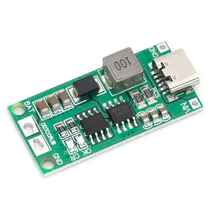 CN3303 4A 3S Type C 11.1V Step-Up Boost LiPo Polymer Li-ion Charger 12.6Vdc 18650 Lithium Battery - a green rectangular circuit board with a USB-C port, an inductor, and multiple surface-mount components.