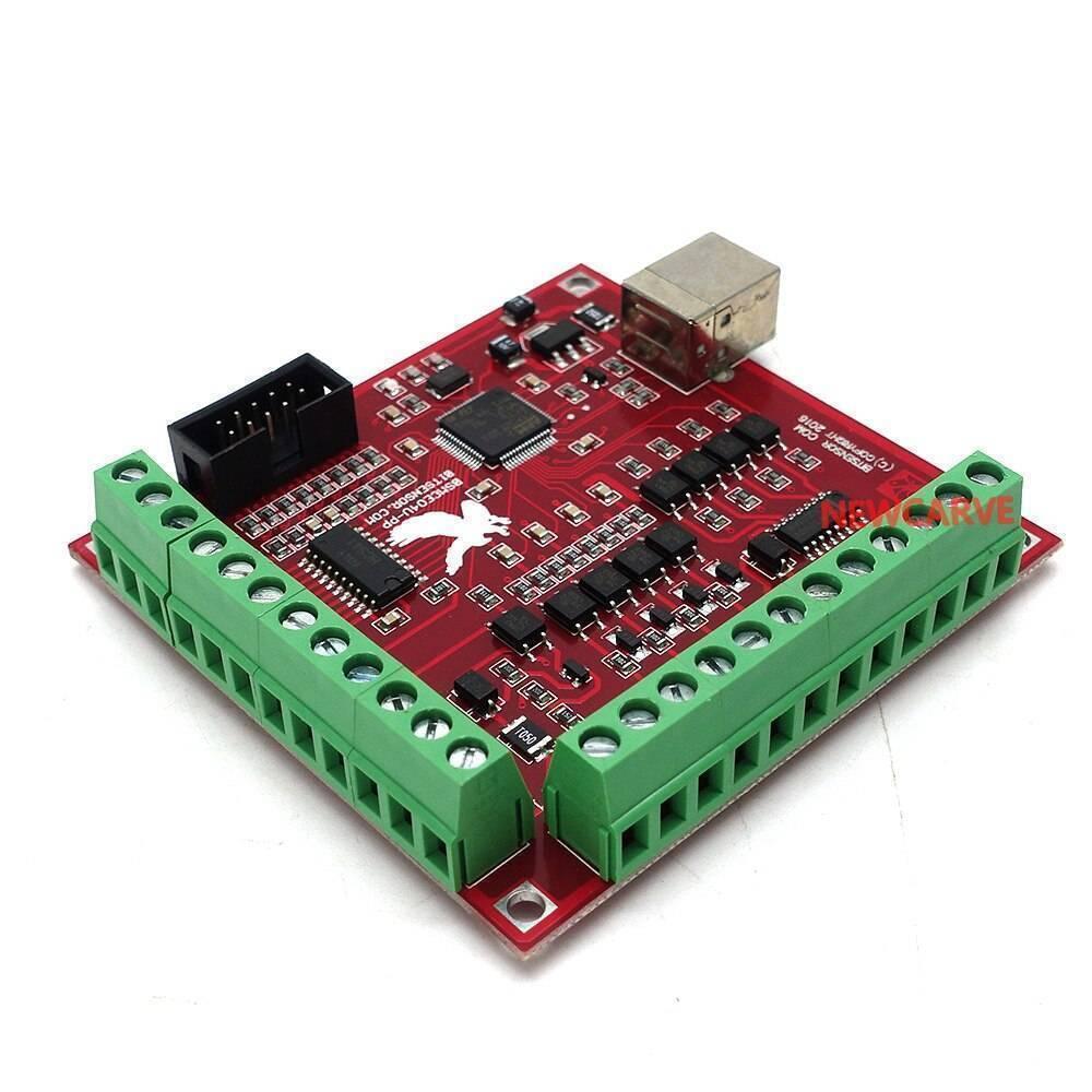 CNC USB Mach3 100kHz Breakout Board 4 Axis Interface Driver Motion Controller With Out USB Cable - a red circuit board with green screw terminals, a USB port, and a black header connector.