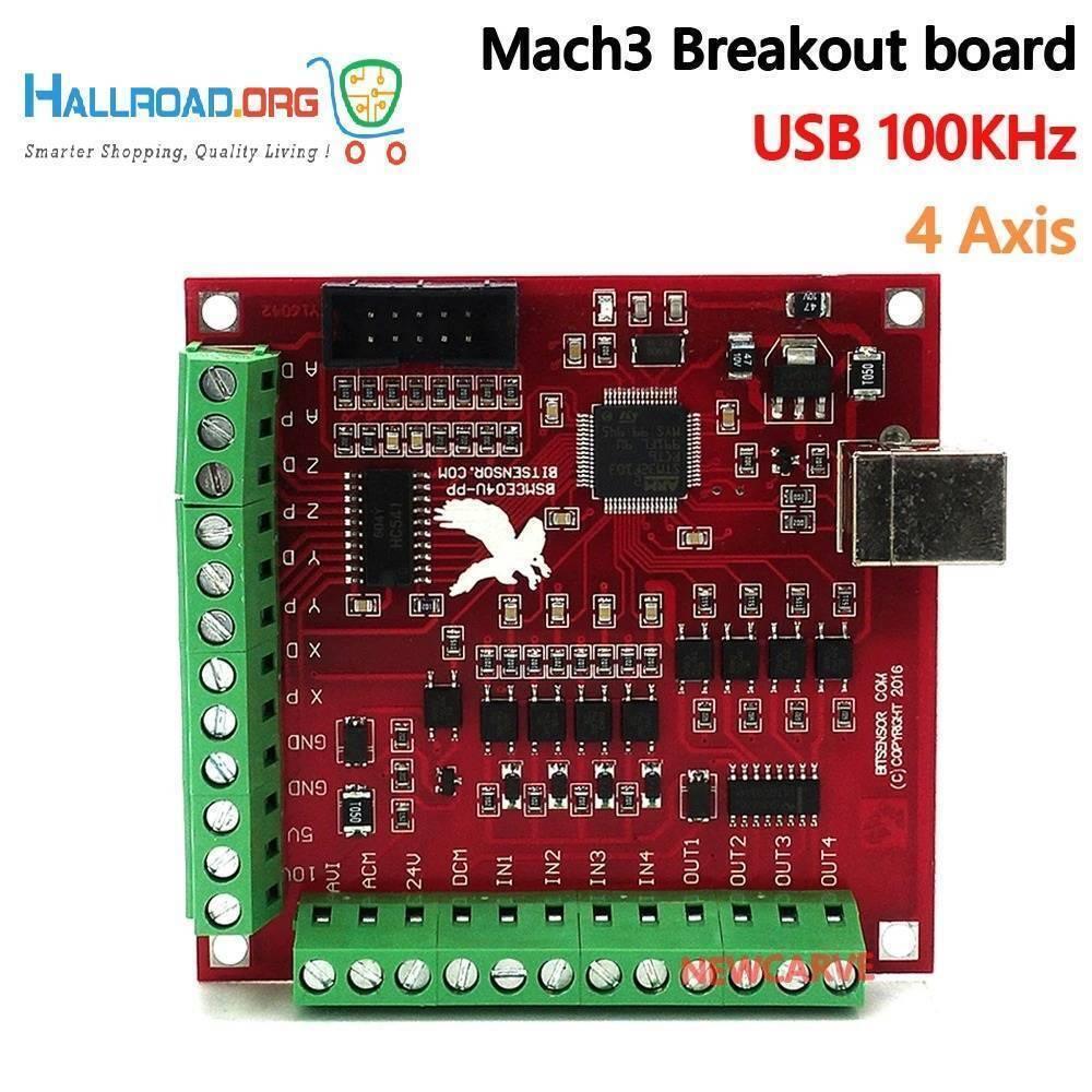 CNC USB Mach3 100kHz Breakout Board 4 Axis Interface Driver Motion Controller With Out USB Cable - a red rectangular circuit board featuring a USB port, green screw terminals, and integrated chips.
