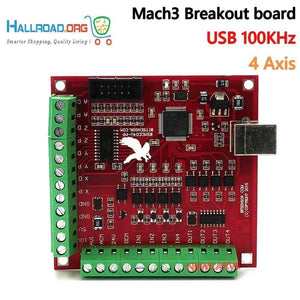 CNC USB Mach3 100kHz Breakout Board 4 Axis Interface Driver Motion Controller With Out USB Cable - a red rectangular circuit board featuring a USB port, green screw terminals, and integrated chips.