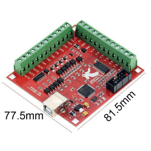 CNC USB Mach3 100kHz Breakout Board 4 Axis Interface Driver Motion Controller With Out USB Cable - a red rectangular circuit board with green terminal blocks, a USB port, and a black connector.