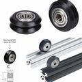 CNC V-slot Bearing Openbuilds Wheel Pom MR105ZZ 625ZZ Bore 5mm Passive Round Gear - black POM wheels with 625ZZ bearings, including a dimension diagram and application on aluminum extrusions.