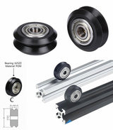 CNC V-slot Bearing Openbuilds Wheel Pom MR105ZZ 625ZZ Bore 5mm Passive Round Gear - black POM wheels with 625ZZ bearings, including a dimension diagram and application on aluminum extrusions.