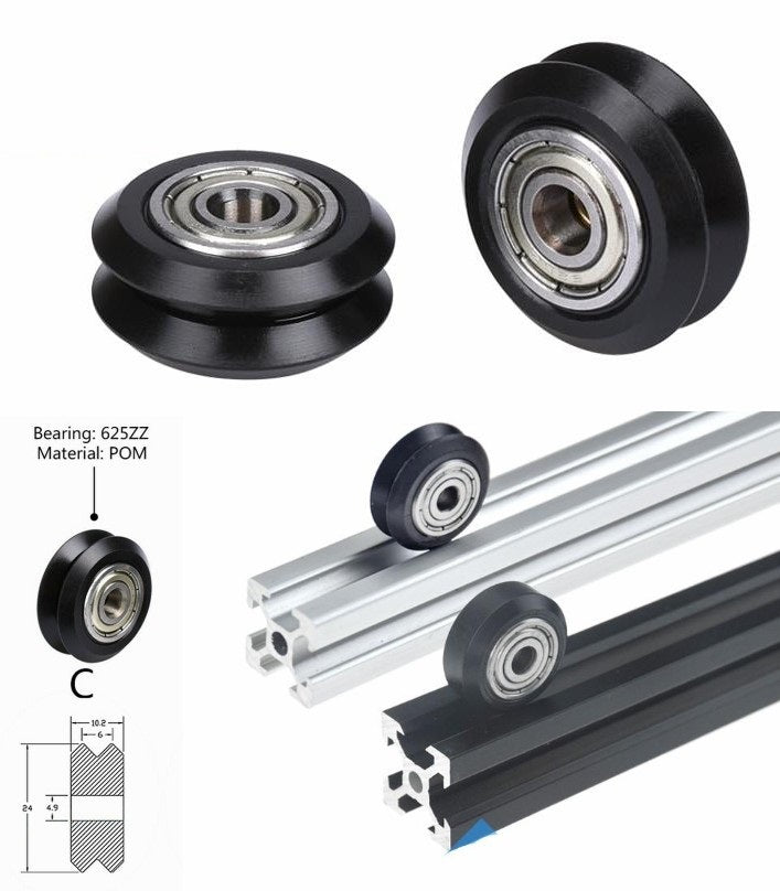 CNC V-slot Bearing Openbuilds Wheel Pom MR105ZZ 625ZZ Bore 5mm Passive Round Gear - black POM wheels with 625ZZ bearings, including a dimension diagram and application on aluminum extrusions.