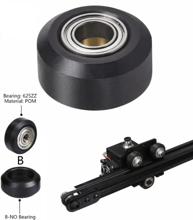 CNC V-slot Passive Round Bearing Openbuilds Wheel Pom MR105ZZ 625ZZ Bore 5mm In Pakstan - a black POM wheel with a 625ZZ bearing, a separate wheel without a bearing, and an assembly.