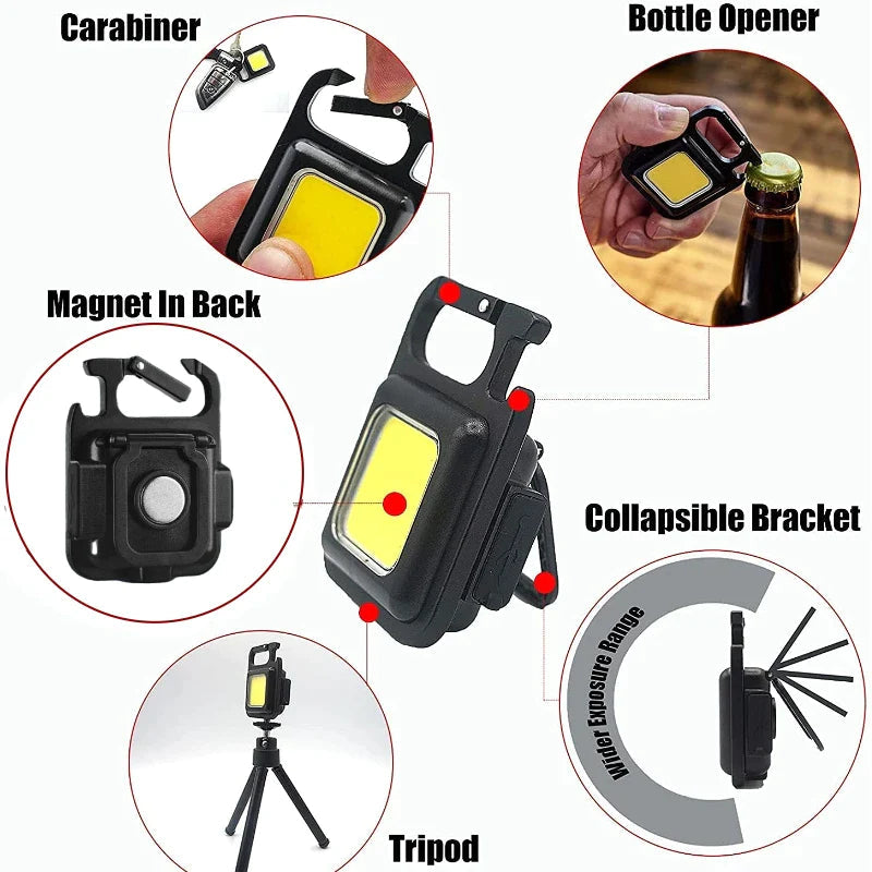 COB Rechargeable Keychain Flashlight | Mini Small Flashlight With 3 Light Modes, Folding Bracket, Bottle Opener, And Magnet Base For Fishing, Walking, - shown in a multi-view collage displaying its carabiner, bottle opener, magnetic back, tripod mount, and bracket.