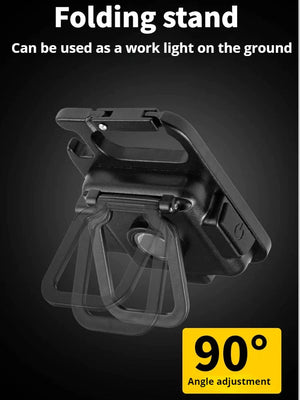 COB Rechargeable Keychain Flashlight | Mini Small Flashlight With 3 Light Modes, Folding Bracket, Bottle Opener, And Magnet Base For Fishing, Walking, - shown in black with a folding stand, a carabiner clip, a power button, and a 90-degree angle adjustment graphic.