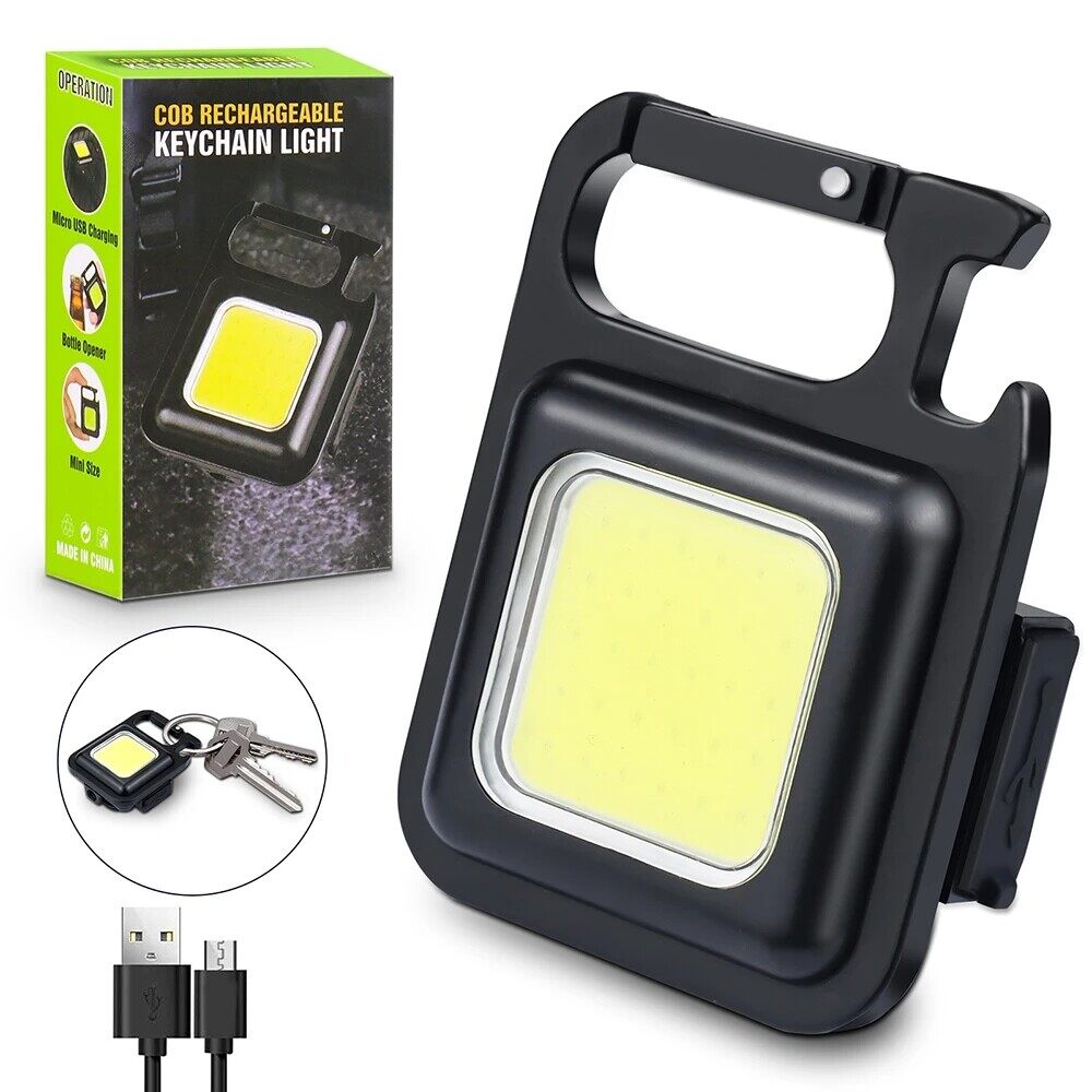 COB Rechargeable Keychain Flashlight | Mini Small Flashlight With 3 Light Modes, Folding Bracket, Bottle Opener, And Magnet Base For Fishing, Walking, - shown with its retail box, a USB charging cable, and a keychain attachment, featuring a black carabiner frame.