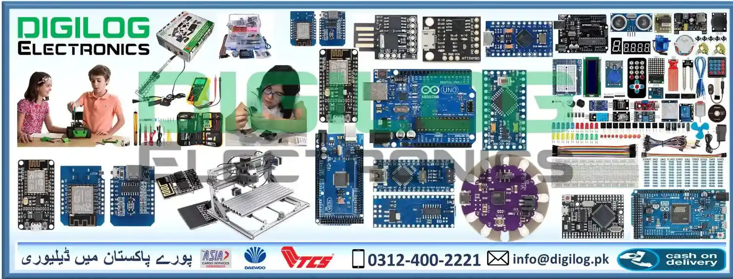 Collection of electronic components, development boards, and microcontroller modules arranged in a collage-style advertisement.