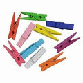 Colorful Push Pin With Wooden Clips 50mm - shown as an assortment of nine individual wooden clips in various bright colours arranged on a white background.