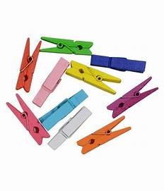 Colorful Push Pin With Wooden Clips 50mm - shown as an assortment of nine individual wooden clips in various bright colours arranged on a white background.