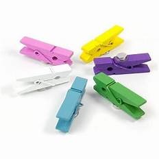 Colorful Push Pin With Wooden Clips 50mm - shown as a collection of six wooden clips in pink, yellow, purple, green, blue, and white.