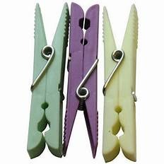 Colorful Push Pin With Wooden Clips 50mm - shown as three plastic clips in light green, purple, and cream colors with metal springs.