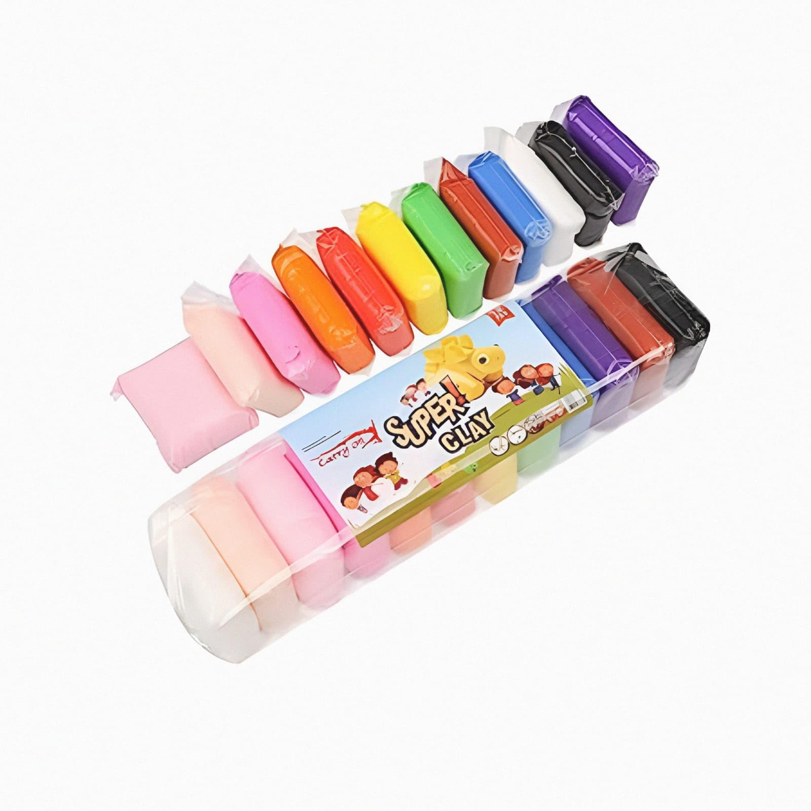Colorful Soft Playing Clay - shown as a set of multiple individually wrapped rectangular blocks in various bright colors, with some arranged in a clear pack.