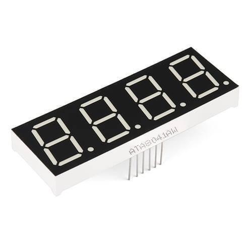 Common Anode 4 Digit 7 Segment Red LED Display - shown as a rectangular module with four numeric segments and a row of connection pins at the bottom.
