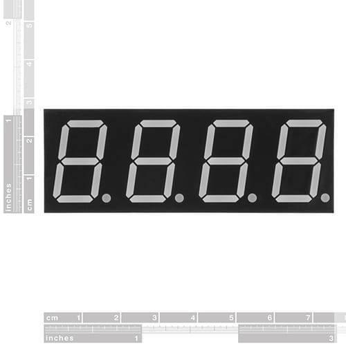 Common Anode 4 Digit 7 Segment Red LED Display - shown against a white background with a ruler indicating its dimensions in centimeters and inches.