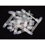 Common Anode Defused 5mm RGB LED - a pile of multiple white, round-top light-emitting diodes with four silver pins each on a black background.