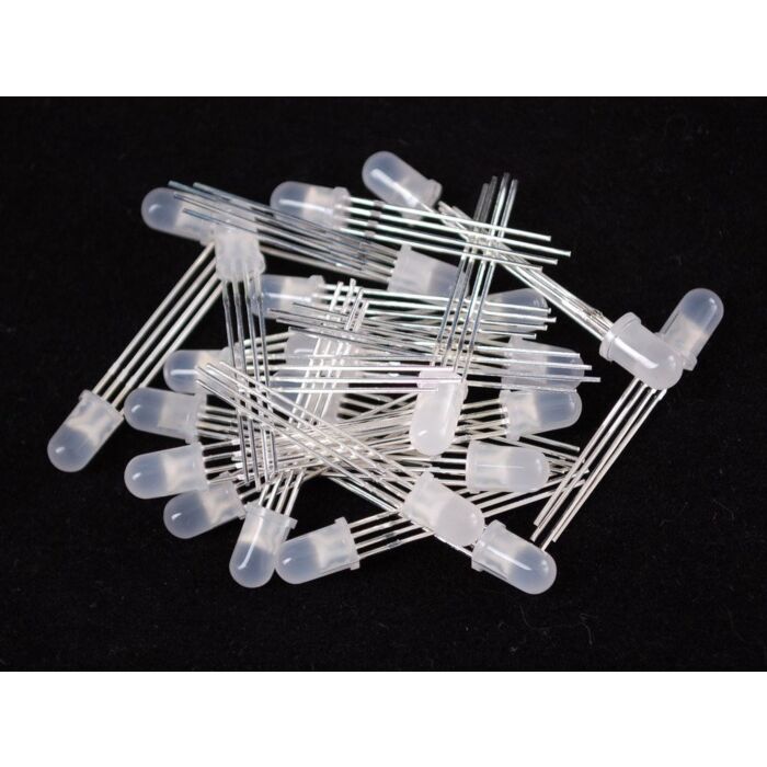 Common Anode Defused 5mm RGB LED - a pile of multiple white, round-top light-emitting diodes with four silver pins each on a black background.