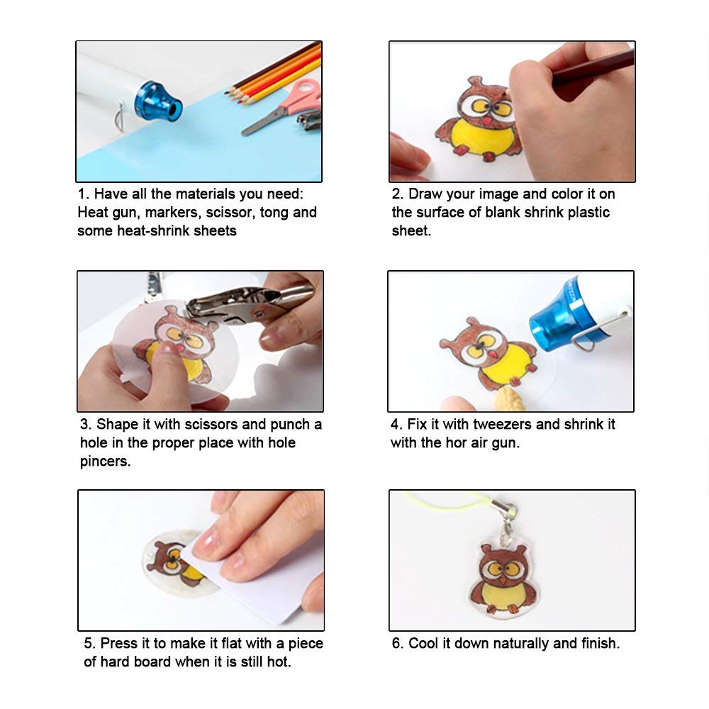 Compact 300W Mini Heat Gun – Portable Craft Heat Tool For DIY, Embossing, Paint Drying & Shrink Wrap - shown in a six-step instructional guide demonstrating how to use the tool to shrink plastic sheets into a craft ornament.