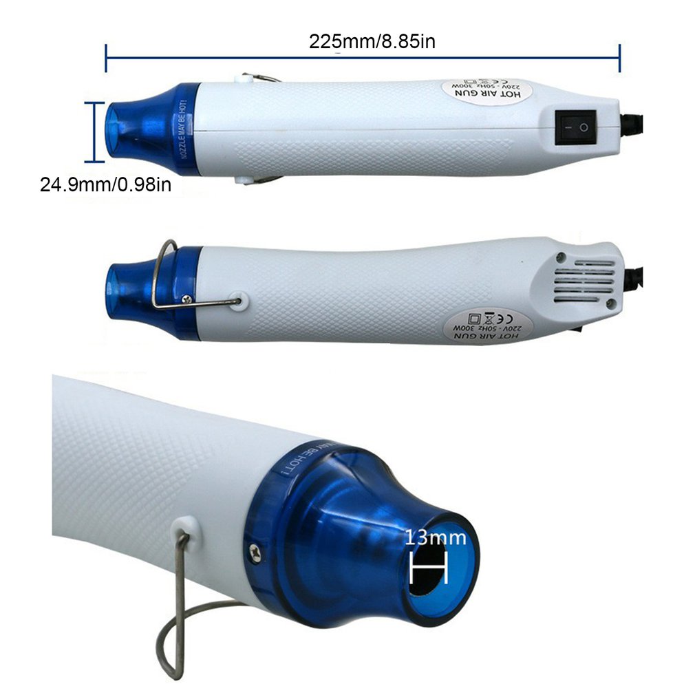 Compact 300W Mini Heat Gun – Portable Craft Heat Tool For DIY, Embossing, Paint Drying & Shrink Wrap - white and blue dimensions and close-up views of the tool with a power switch and a metal stand.