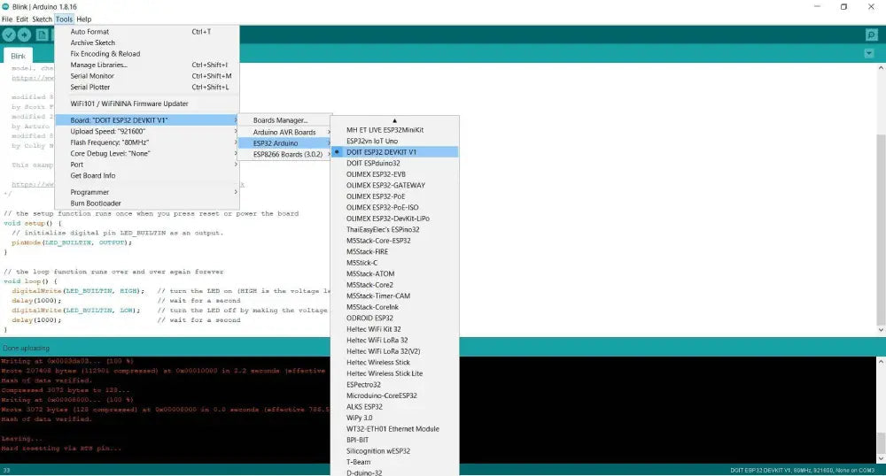 Compatible Wroom ESP32 WiFi Based Microcontroller Development Board Nodemcu CH9102X - shown on a computer screen within the Arduino IDE software interface.