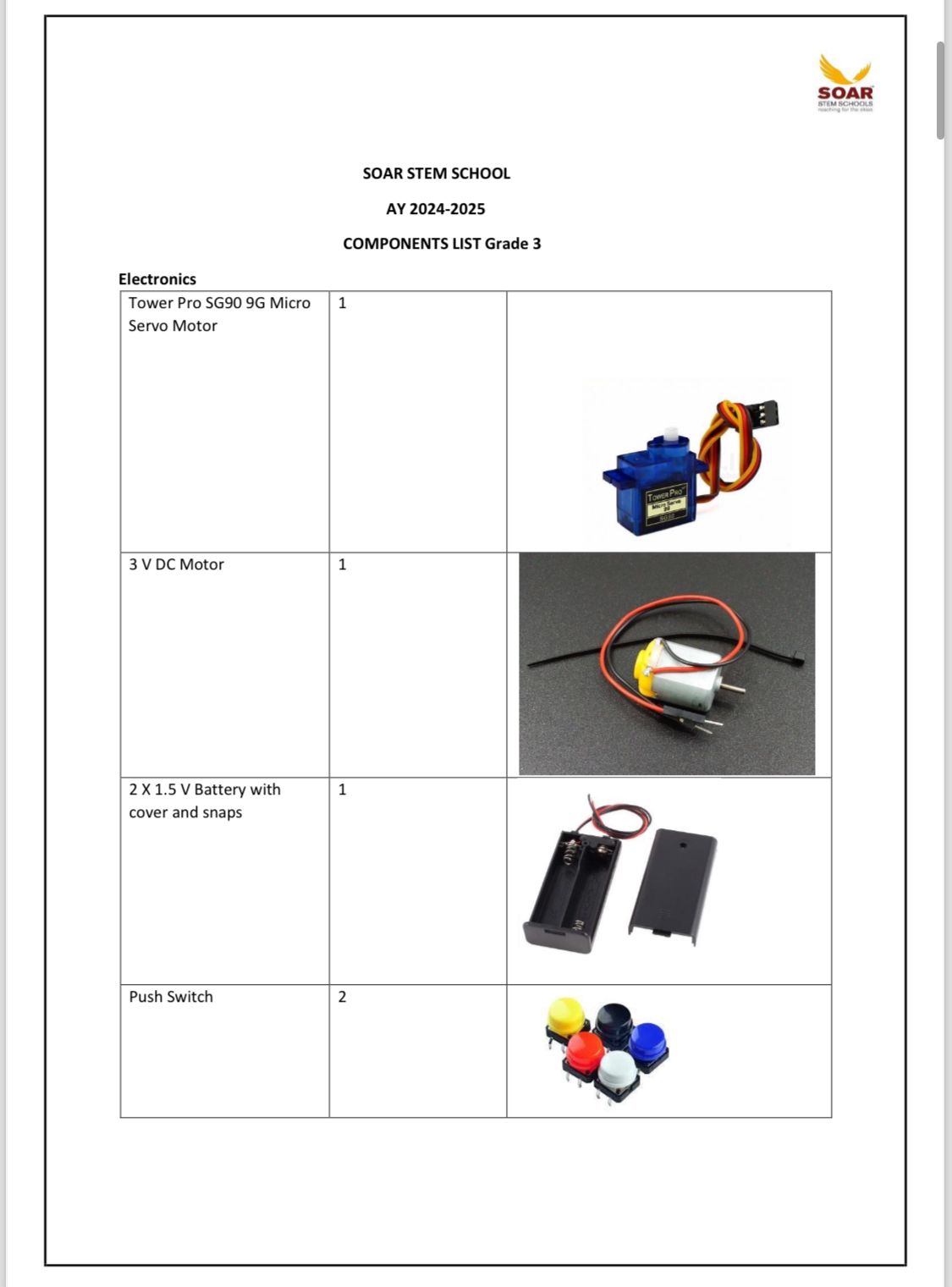 Component List Grade 3 Soar STEM School Ay 2024-2025 - a table listing a servo motor, DC motor, battery holder, and push switches with product photos.