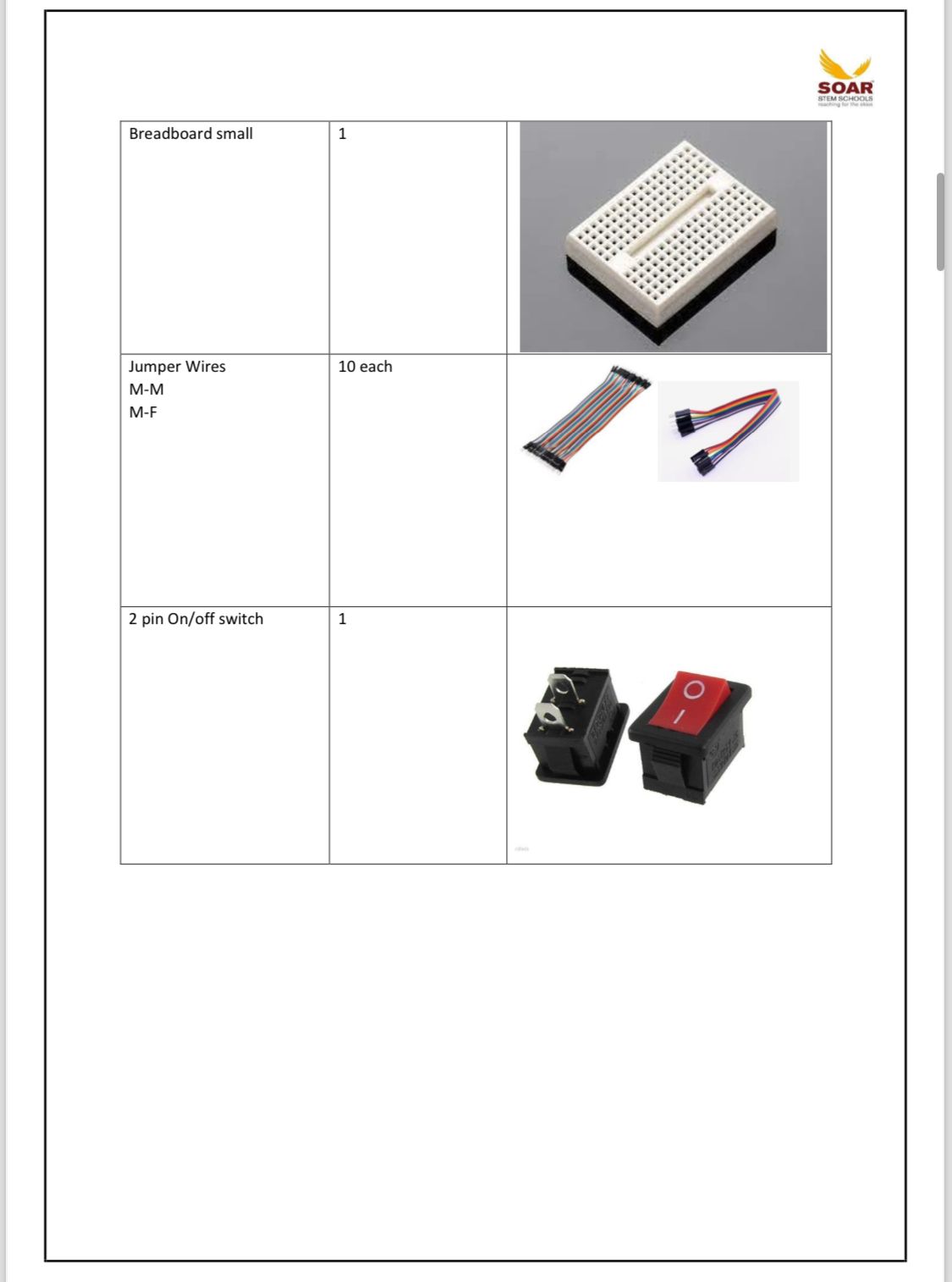 Component List Grade 3 Soar STEM School Ay 2024-2025 - a table listing a small breadboard, jumper wires, and a 2-pin on/off switch with corresponding images.