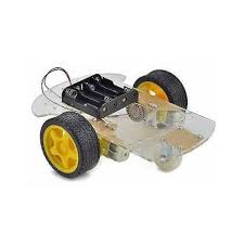 Components Of Making Bluetooth Controlled Robot Using Arduino Just component - a clear acrylic robot chassis with two yellow wheels and a battery holder.