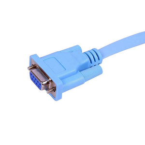Console Cable Rj 45 To Serial Cable DB9 - a close-up of the light blue DB9 serial connector with its metal port and integrated screw fasteners.