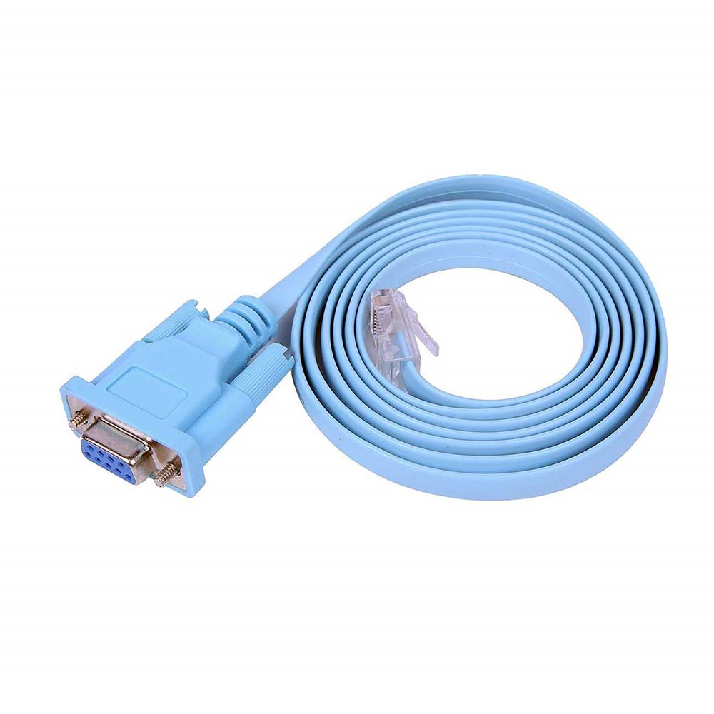 Console Cable Rj 45 To Serial Cable DB9 - a light blue flat cable with a DB9 serial connector on one end and an RJ45 connector on the other.