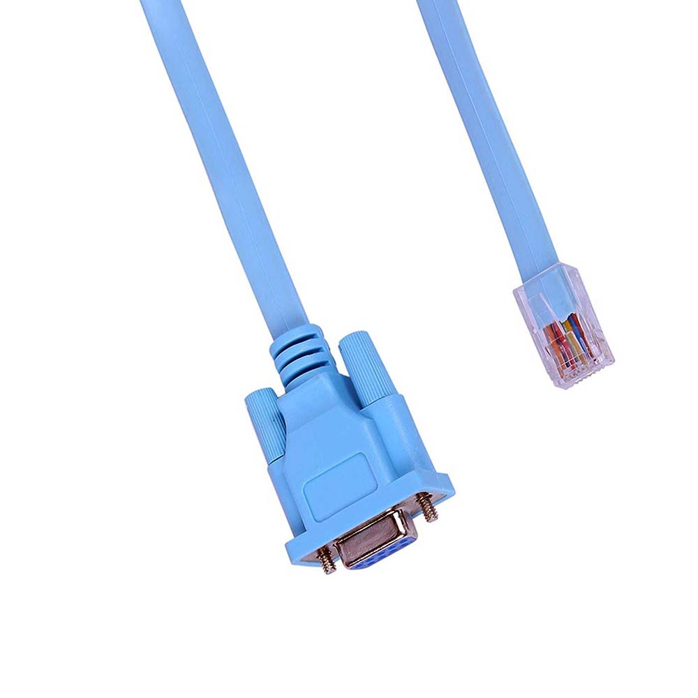 Console Cable Rj 45 To Serial Cable DB9 - a light blue flat cable with a DB9 serial connector on one end and an RJ45 connector on the other.