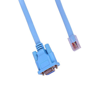 Console Cable Rj 45 To Serial Cable DB9 - a light blue flat cable with a DB9 serial connector on one end and an RJ45 connector on the other.