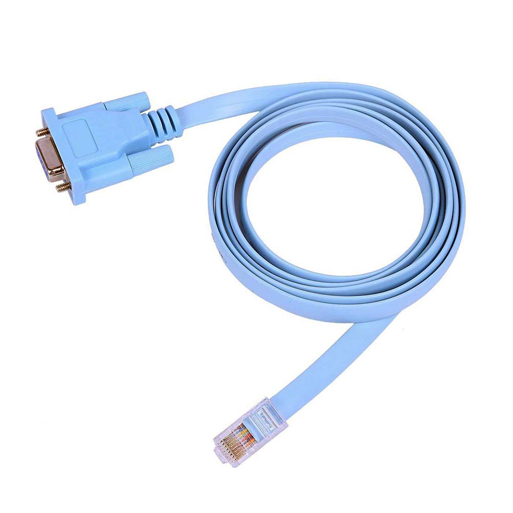 Console Cable Rj 45 To Serial Cable DB9 - a flat, light blue cable coiled with a DB9 serial connector on one end and an RJ45 connector on the other.