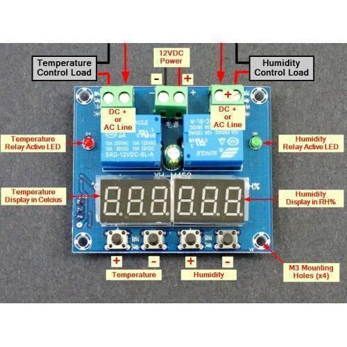 Copy / Fake Incubator Temperature Humidity Controller DC 12V Xh M452 - a blue circuit board with two relays, two LED displays, four buttons, and labeled connection terminals.