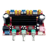 Copy XH-M139 TPA3116D2 2x 50W +100W 2.1 Channel Digital Subwoofer Power Amplifier Board TPA3116*2 3 Channels DC 12-24V - with a red PCB, black heatsink, three B50K potentiometers, two large capacitors, and various ports.