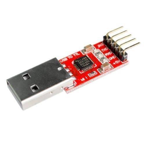 CP2102 USB To Serial USB To UART TTL Serial Module - a red circuit board with a USB-A connector and a 5-pin male header.