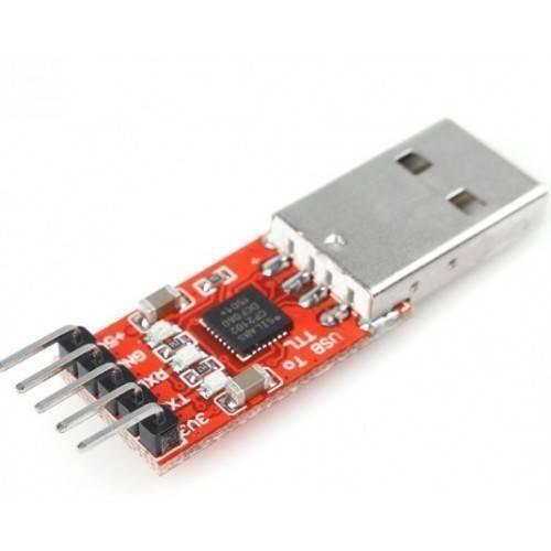 CP2102 USB To Serial USB To UART TTL Serial Module - shown as a red circuit board with a USB connector and five output pins.