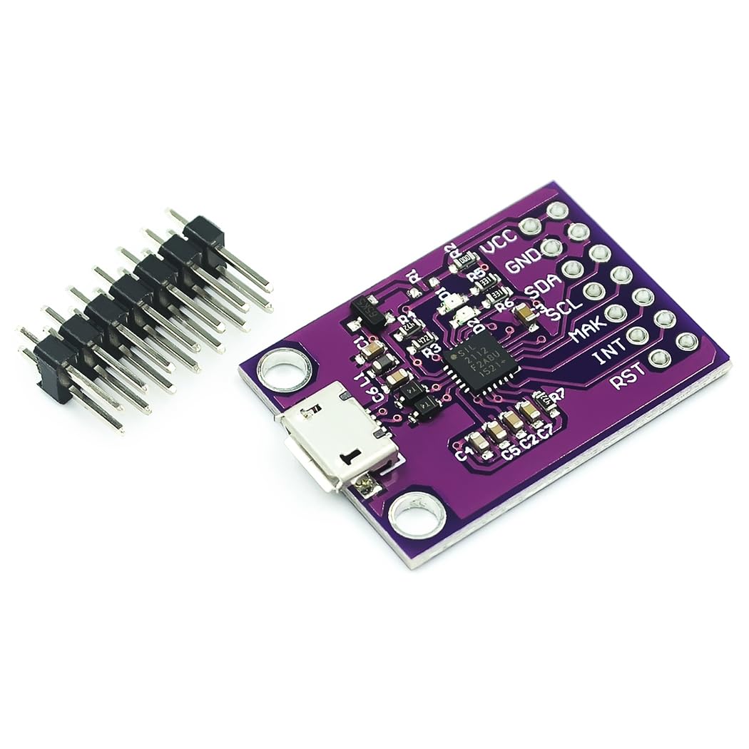 CP2112 Debug Board USB To Smbus I2c Communication Module Micro USB2.0 CP2112 Evaluation Debugging Board For USB Dongle Data Recording - a purple circuit board with a micro USB port and pin headers, accompanied by a separate row of header pins.