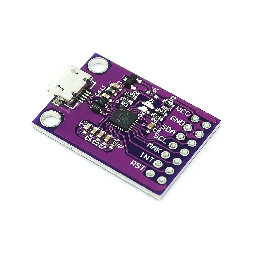 CP2112 Debug Board USB To Smbus I2c Communication Module Micro USB2.0 CP2112 Evaluation Debugging Board For USB Dongle Data Recording - a purple rectangular circuit board with a Micro USB port, a central integrated circuit chip, and a row of labeled pin headers.