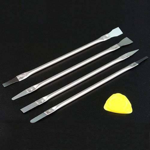 CPU Crowbar Set Stainless Steel Crowbars Mobile Phone Laptops LCD Mainboard Repair Tools For Iphone Ipad Electronics Fix Tool - four stainless steel double-ended pry tools arranged diagonally and one yellow triangular plastic opening pick on a black surface.