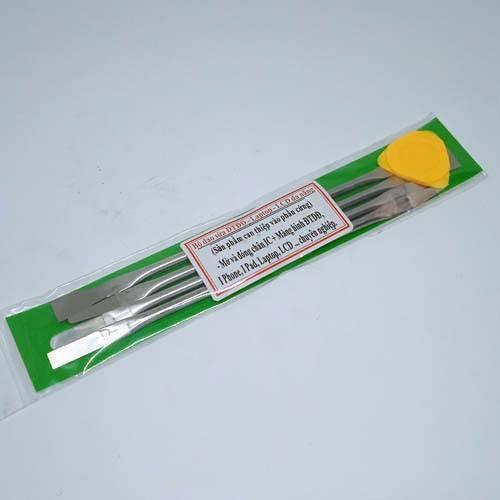 CPU Crowbar Set Stainless Steel Crowbars Mobile Phone Laptops LCD Mainboard Repair Tools For Iphone Ipad Electronics Fix Tool - three stainless steel pry tools and a yellow plastic pick inside a clear plastic sleeve with a green and white product label.