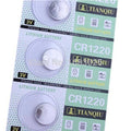CR1220 Coin Cell - shown as a strip of three silver button batteries in their original green and white blister packaging.