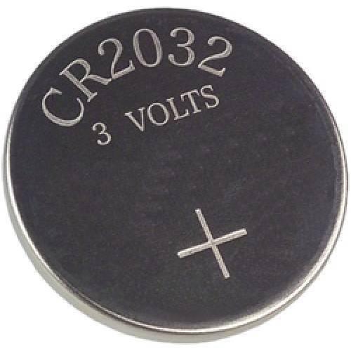 CR2032 3V Coin Cell Battery - a round, flat, silver and black metal disc with "CR2032", "3 VOLTS", and a plus sign printed on the top surface.