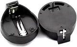 CR2032 Coin Cell Battery Holder - two black plastic circular battery holders with metal contact pins, one viewed from the top and one from beneath.