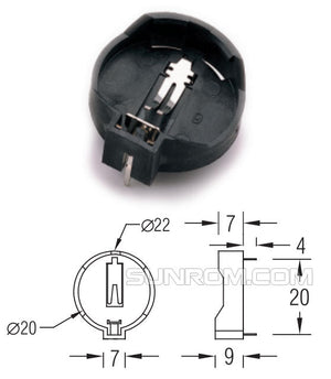 CR2032 Coin Cell Battery Holder - shown as a black plastic circular holder with metal contacts and an accompanying technical dimension diagram.