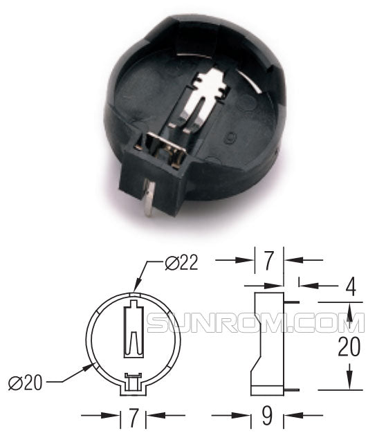 CR2032 Coin Cell Battery Holder - shown as a black plastic circular holder with metal contacts and an accompanying technical dimension diagram.