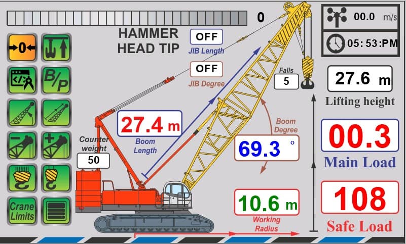 Crane رافعة Sli Safe Load Indicator / Lmi Load Moment Indicator - crane boom length, working radius, load data, and boom angle.