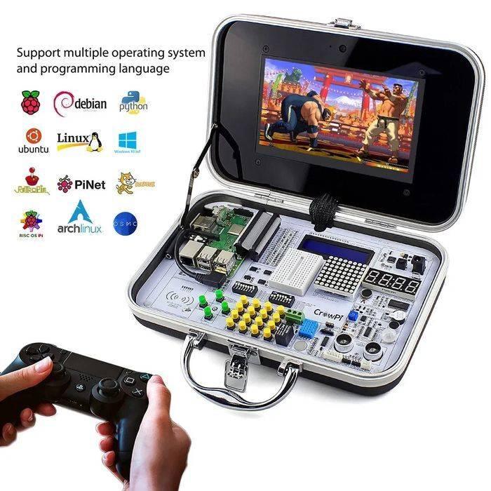 Crowpi Compact Raspberry Pi 4 4GB Educational Kit - a screen playing a fighting game, circuit board, and controller.